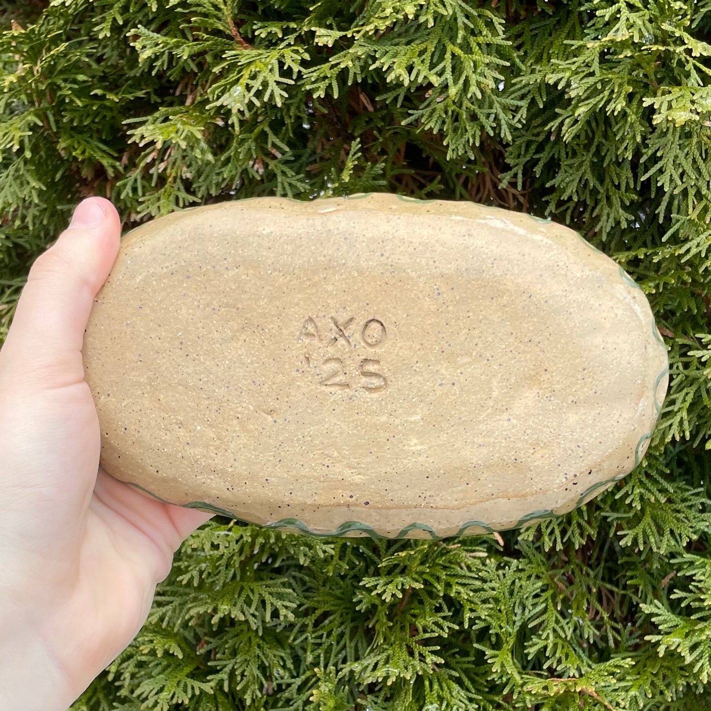 green pink wolf oval handmade ceramic stoneware bowl!