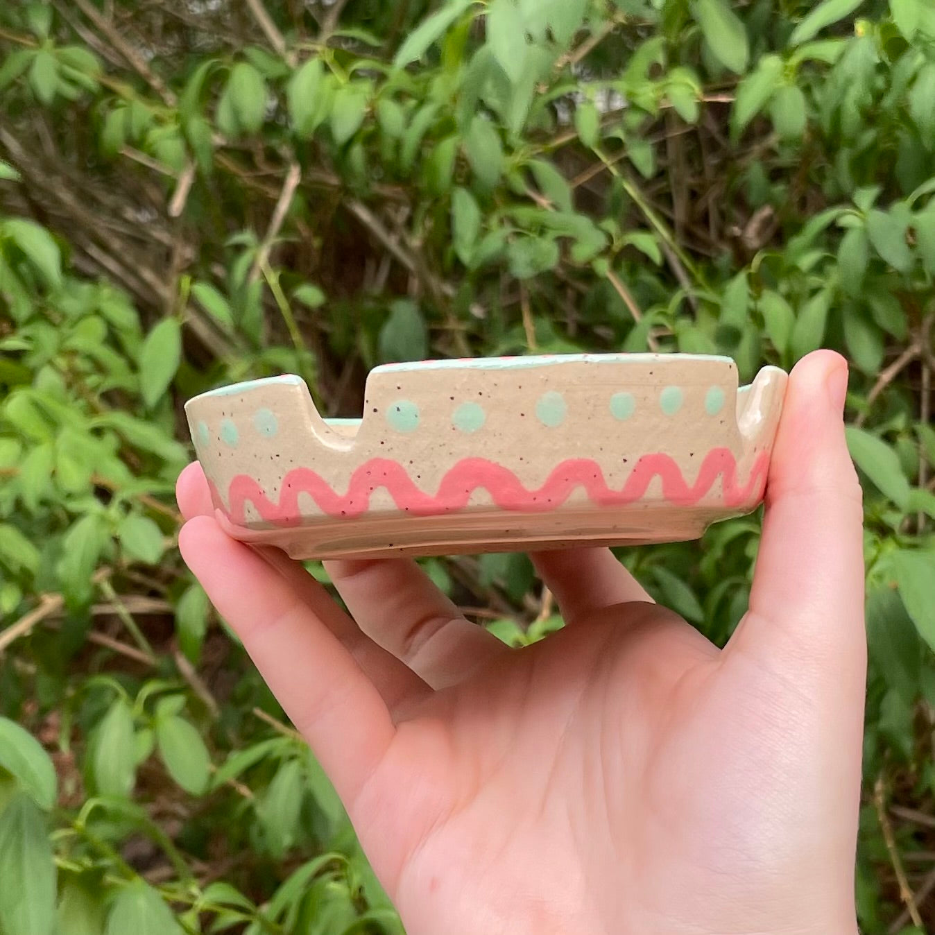 pink green snailgirl wheel thrown ceramic stoneware ashtray!