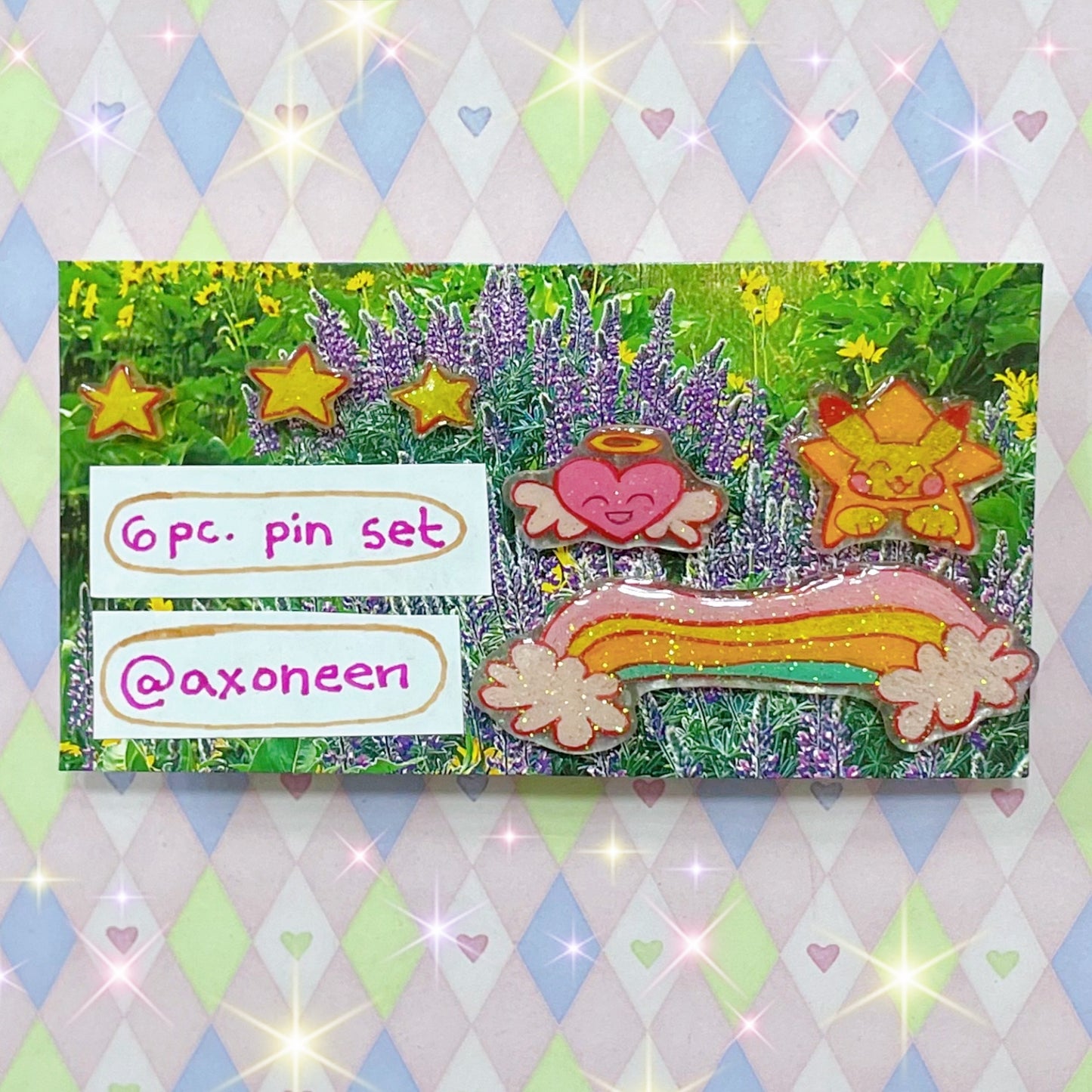 handmade rainbow heart star pastel glitter shrink plastic kawaii 6pc pin set!