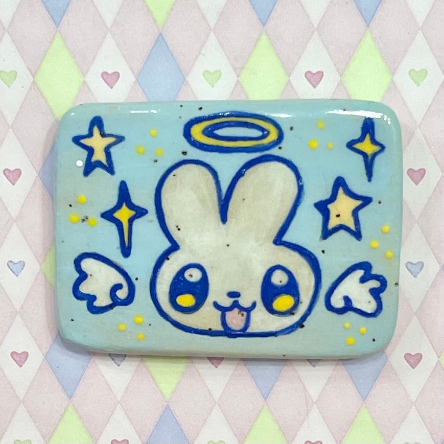 handpainted blue angel bunny kawaii ceramic stoneware magnet! (2.75"x2")