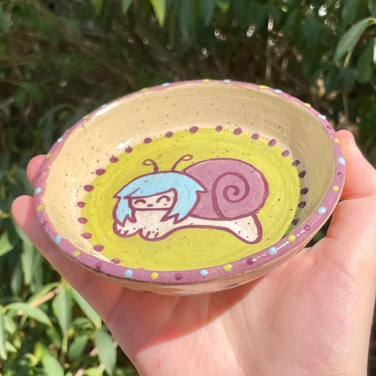 purple green snailgirl wheel thrown ceramic stoneware dish!