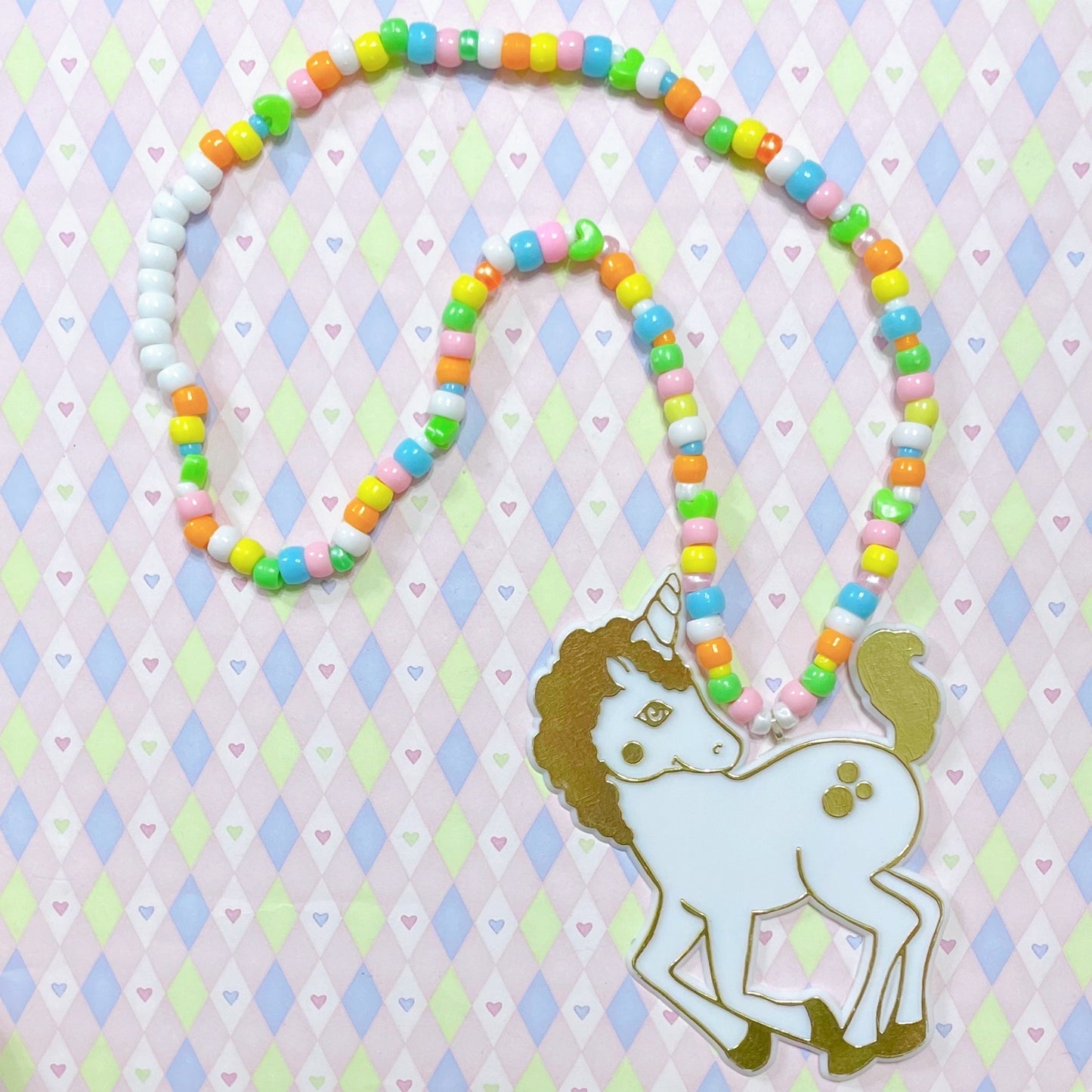 white gold unicorn handmade rainbow kandi necklace!