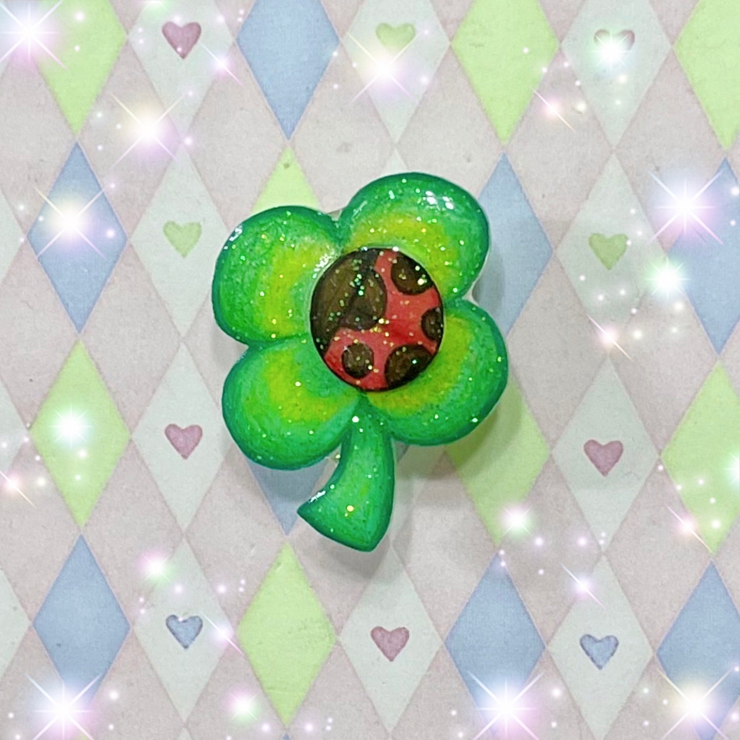 handmade four leaf clover ladybug glitter shrink plastic kawaii pin! (1.5")
