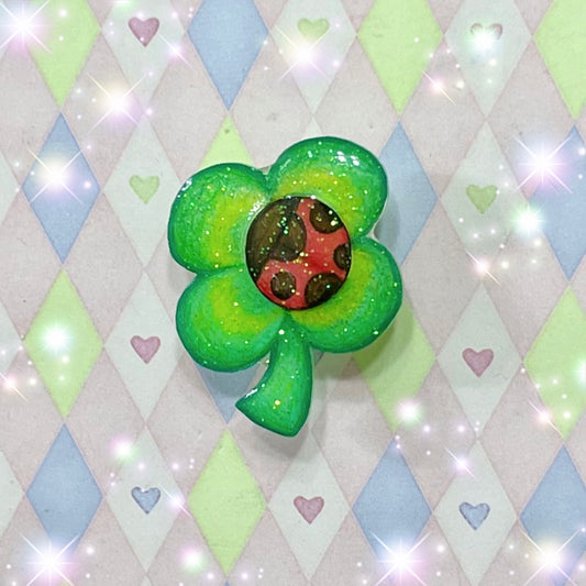 handmade four leaf clover ladybug glitter shrink plastic kawaii pin! (1.5")