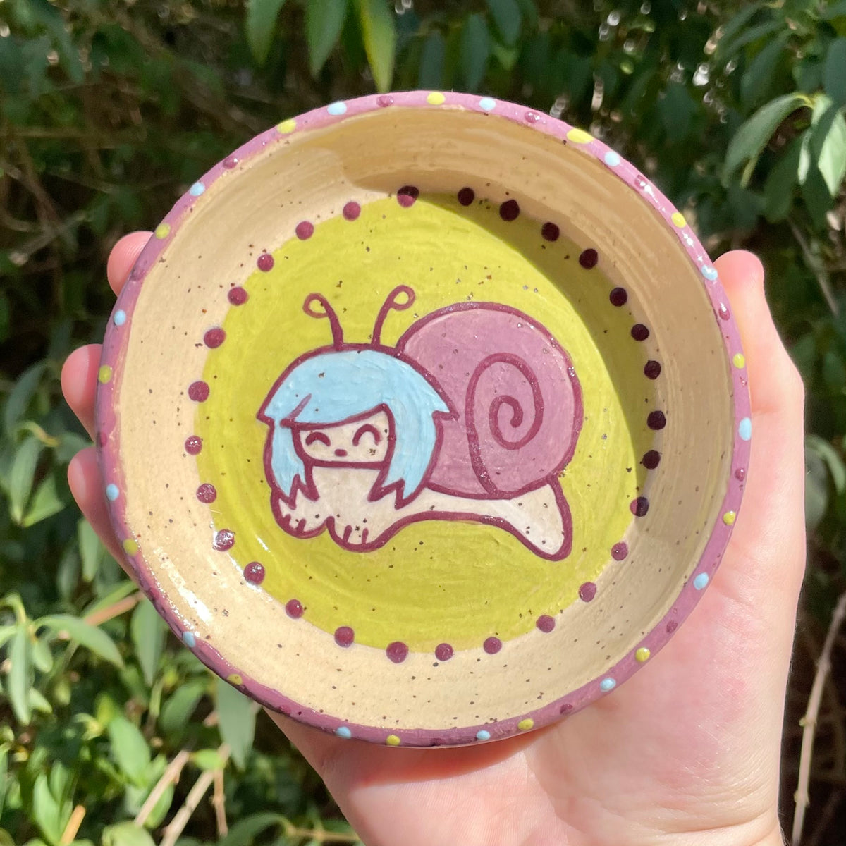 purple green snailgirl wheel thrown ceramic stoneware dish!