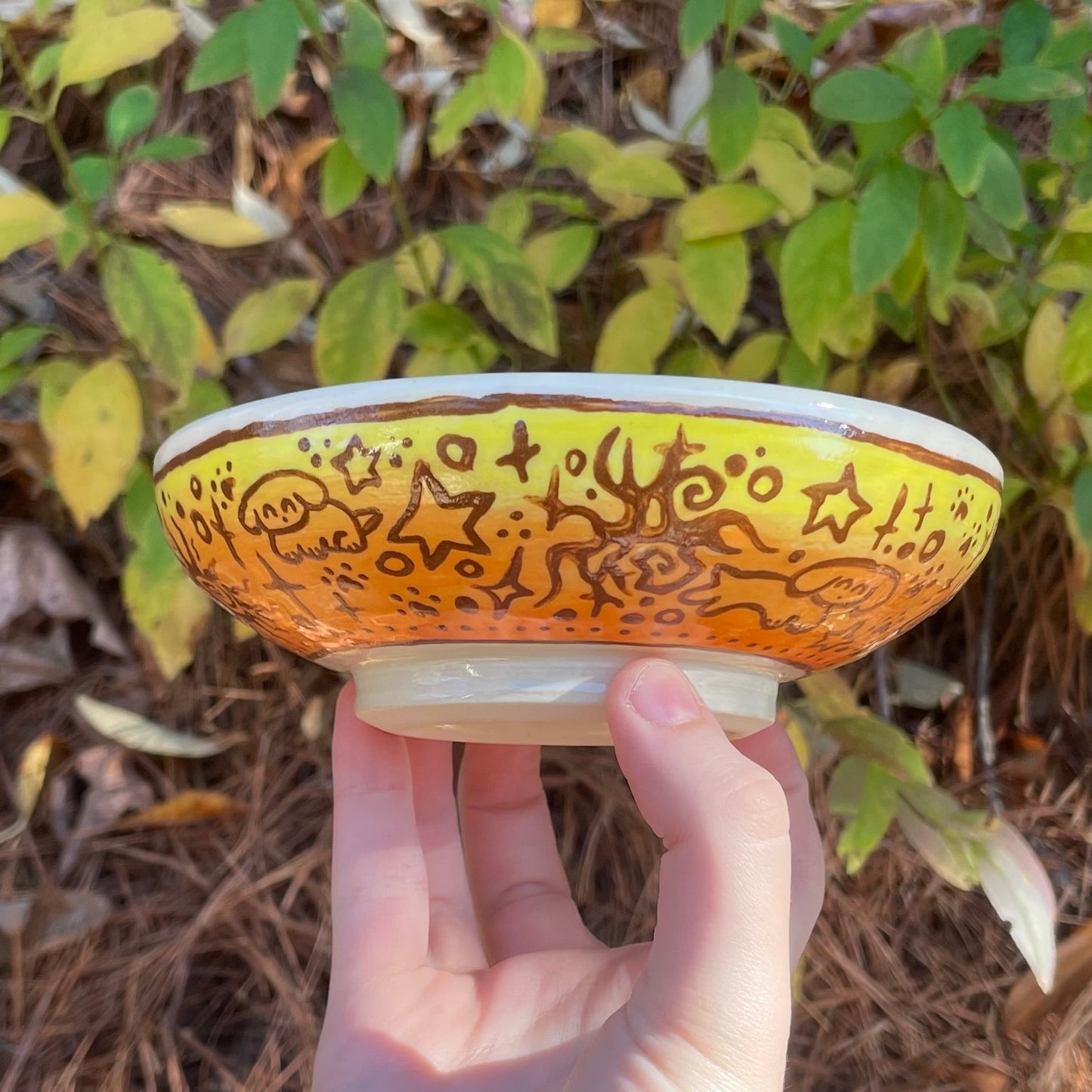 yellow orange gradient doodle wheel thrown ceramic stoneware dish!