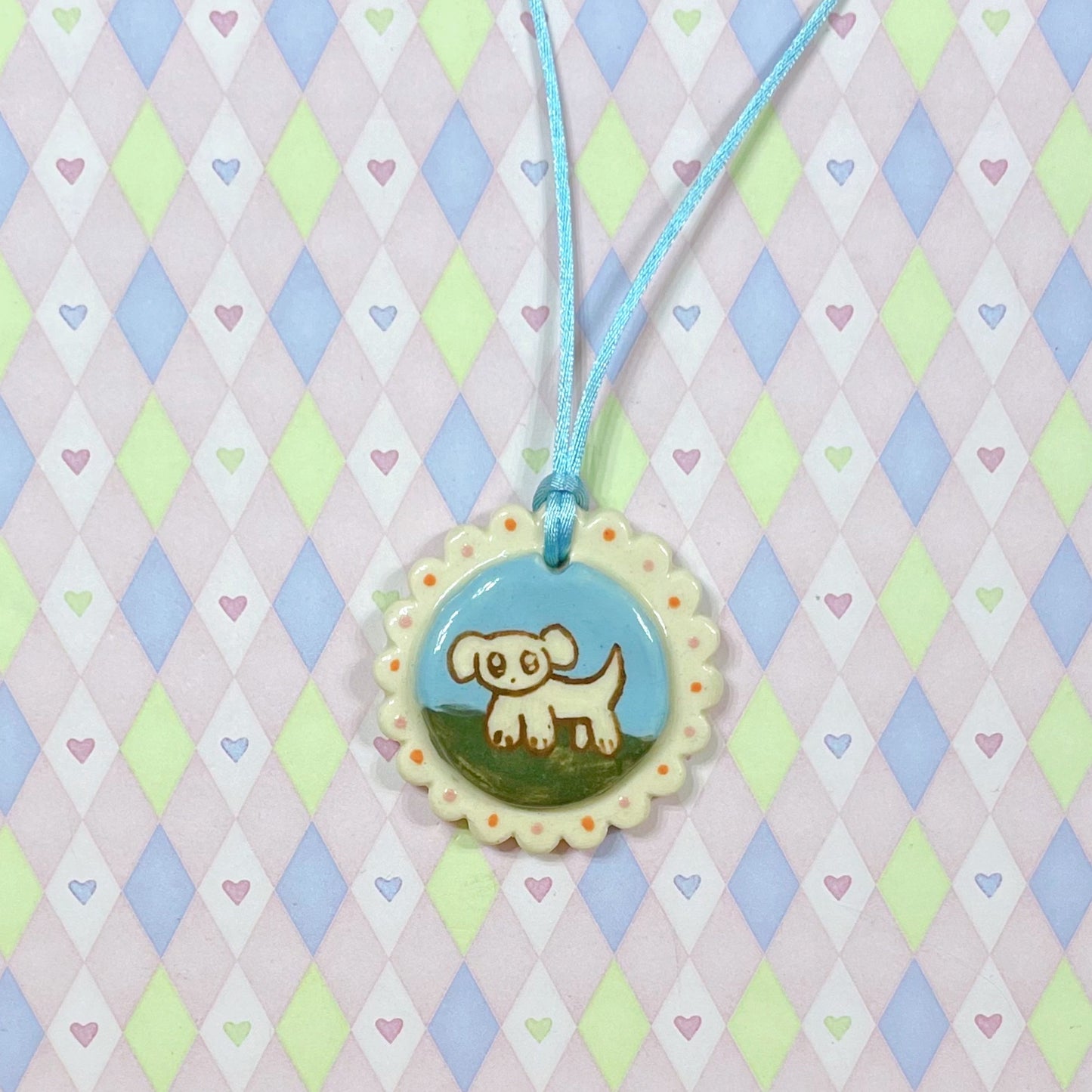 blue & white puppy dog kawaii ceramic stoneware necklace!
