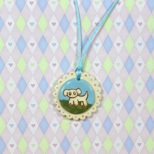 blue & white puppy dog kawaii ceramic stoneware necklace!