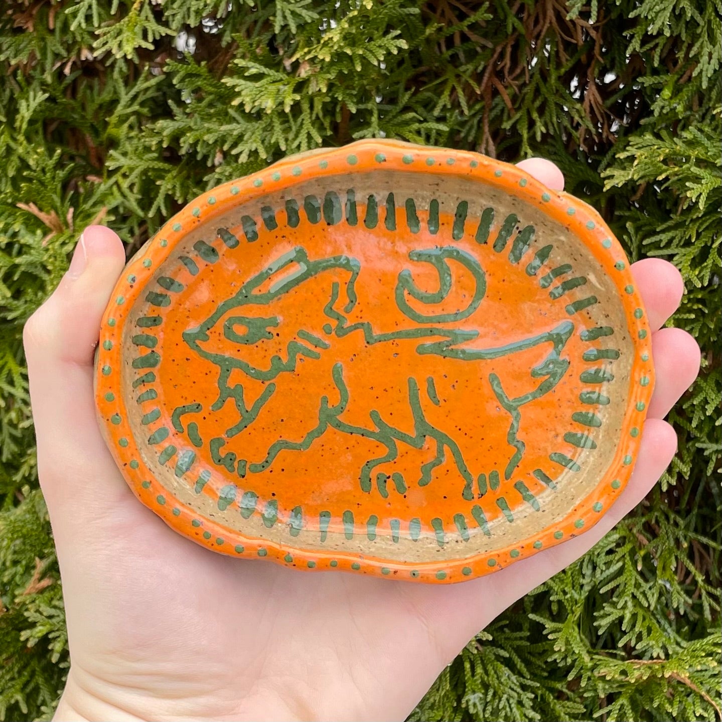 green orange wolf handmade ceramic stoneware bowl!