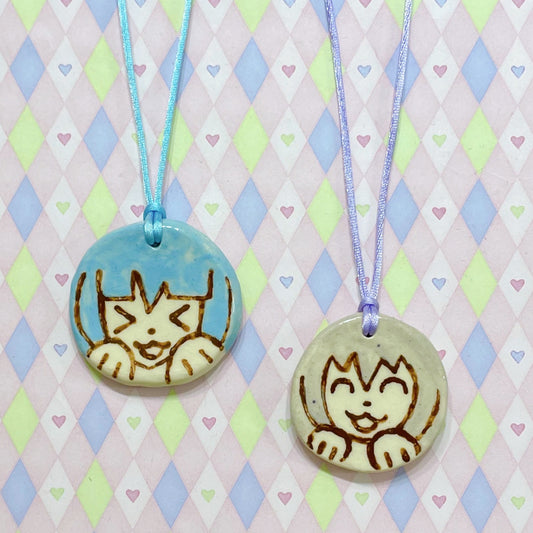 blue & purple kawaii girl ceramic stoneware necklaces!
