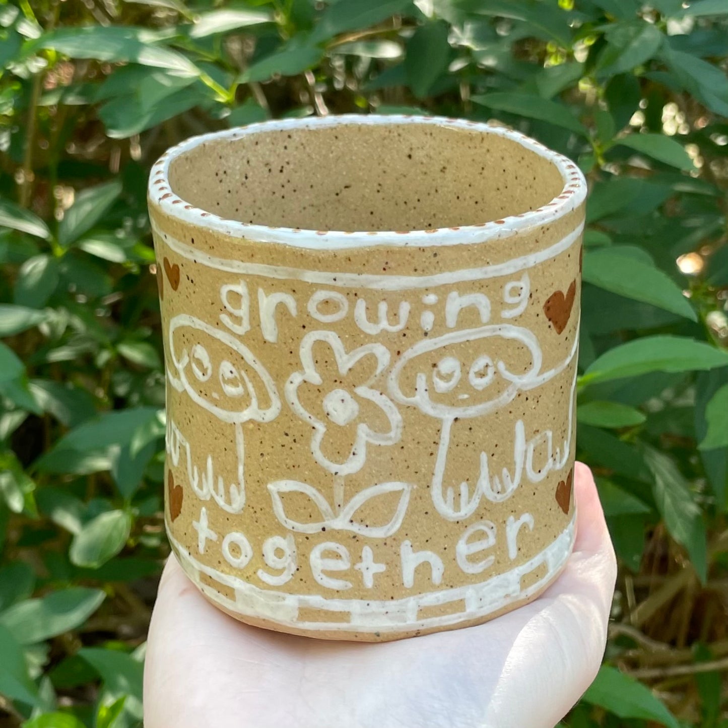 "growing together" puppy dogs tan & white ceramic stoneware flower pot!