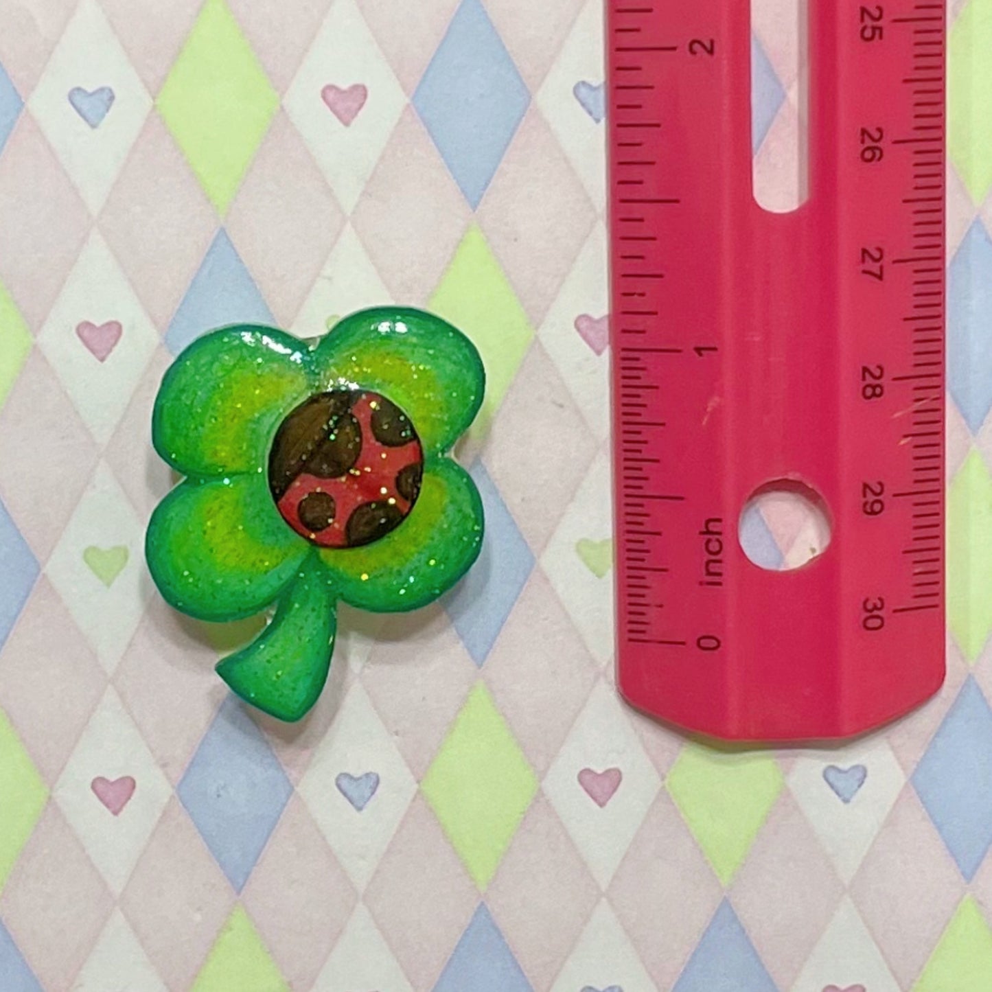handmade four leaf clover ladybug glitter shrink plastic kawaii pin! (1.5")