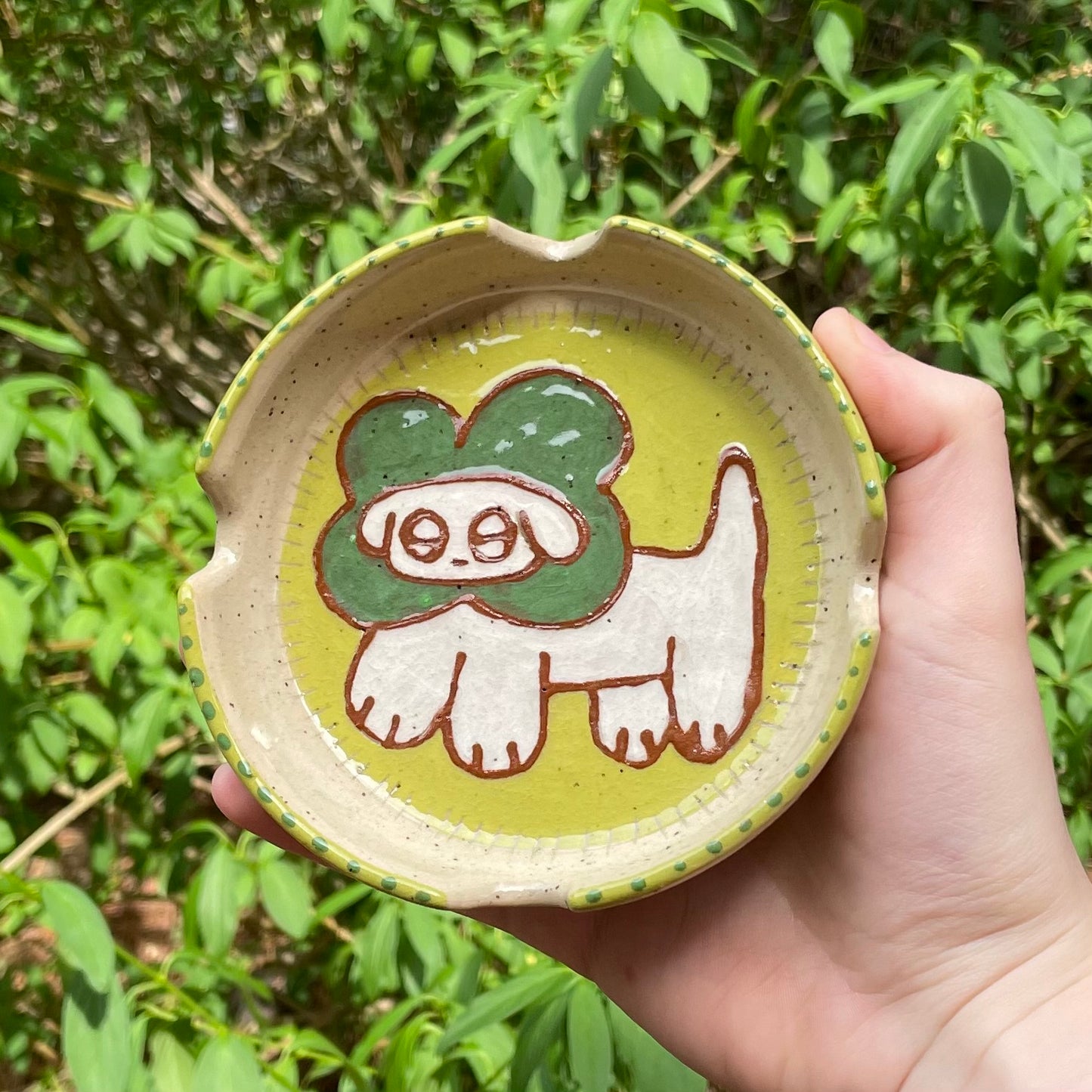 cloverdog green wheel thrown ceramic stoneware ashtray!
