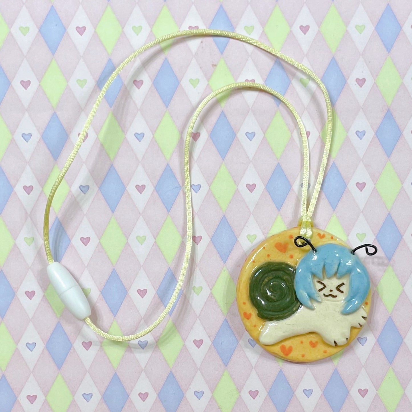 blue & green snailgirl kawaii ceramic stoneware necklace!