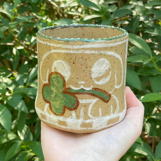 "lucky puppy" four leaf clover tan & white ceramic stoneware flower pot!
