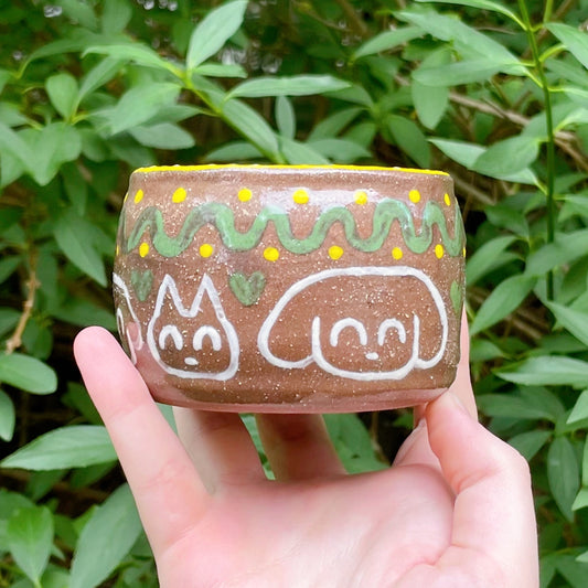 kitty puppy love yellow brown green kawaii stoneware ceramic bowl!
