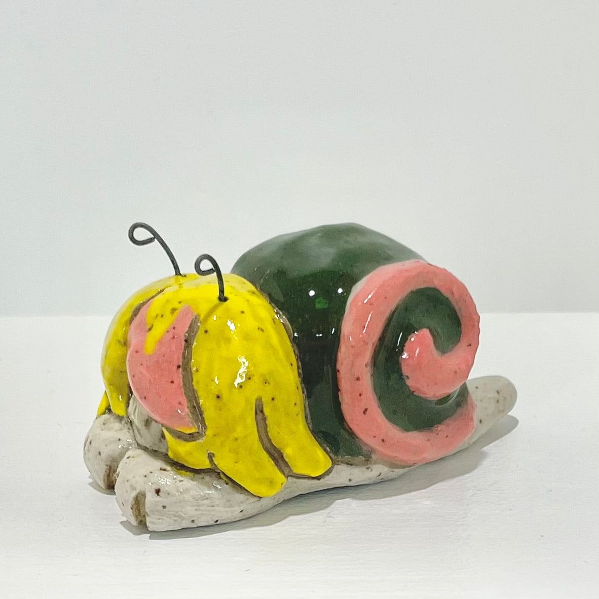 green yellow pink snailgirl handmade ceramic stoneware figure!