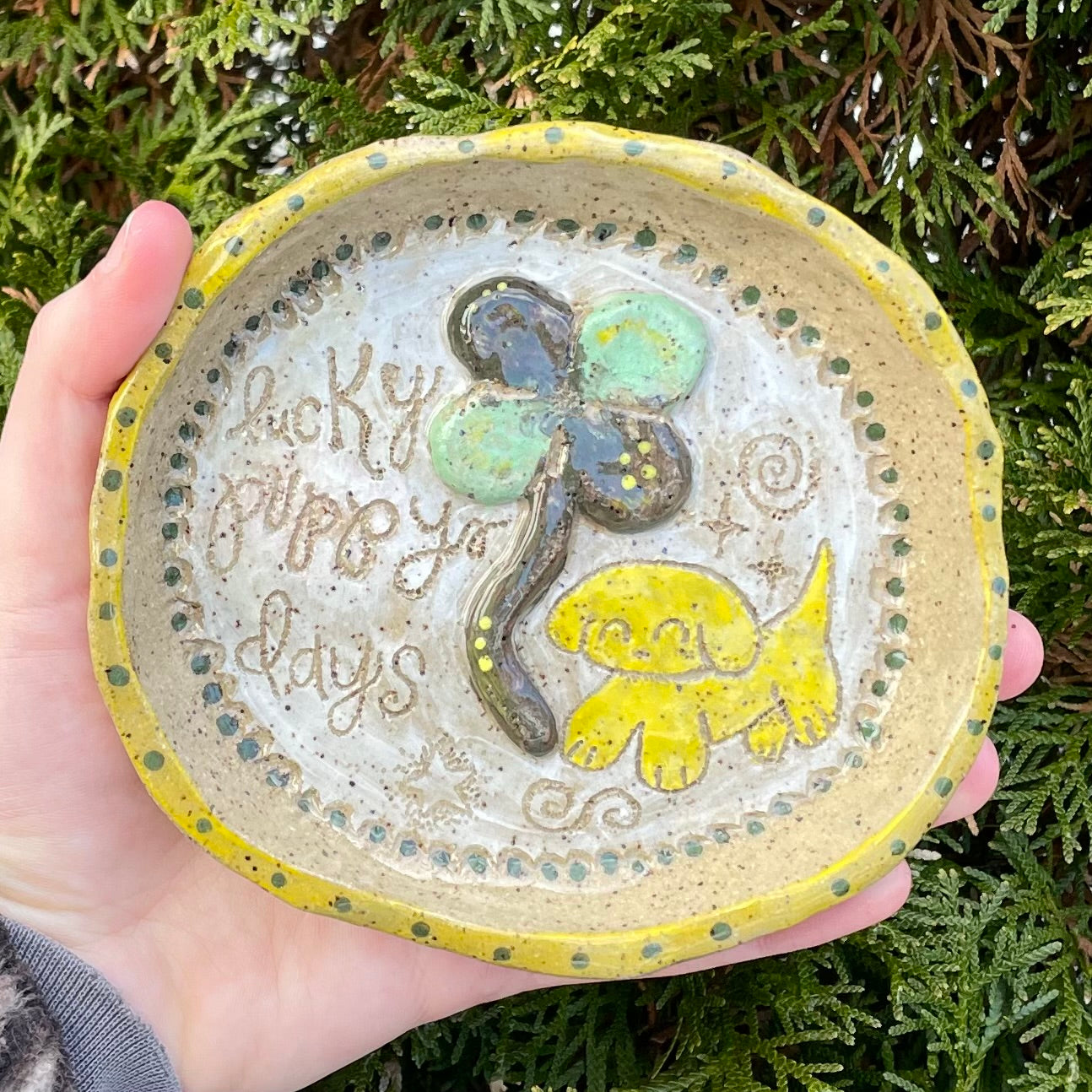 lucky puppy days yellow green handmade ceramic stoneware bowl!