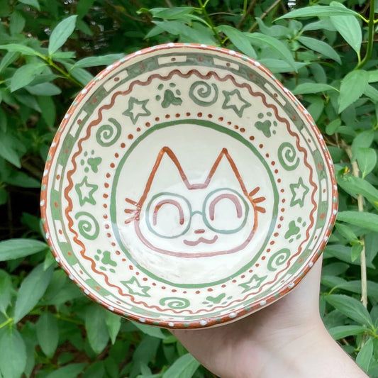 kitty glasses spiral white green kawaii stoneware ceramic bowl!