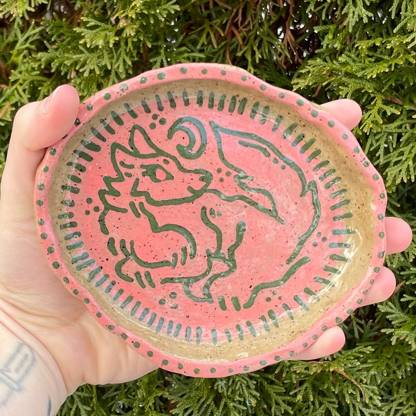 green pink wolf handmade ceramic stoneware bowl!