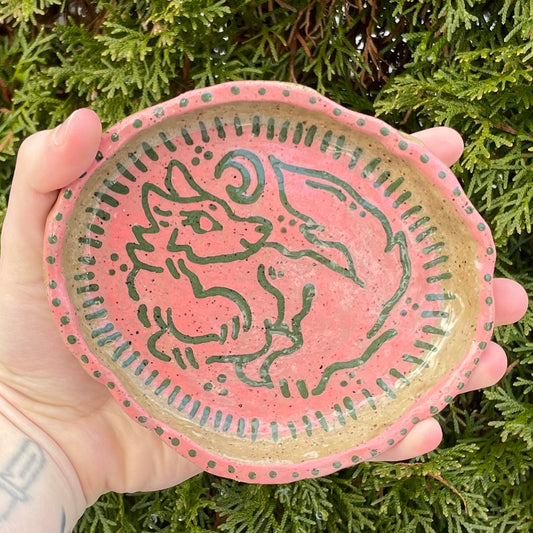 green pink wolf handmade ceramic stoneware bowl!