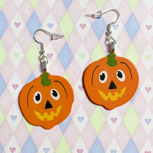 orange jack-o-lantern pumpkin halloween  miniature painted wood dangle earrings!