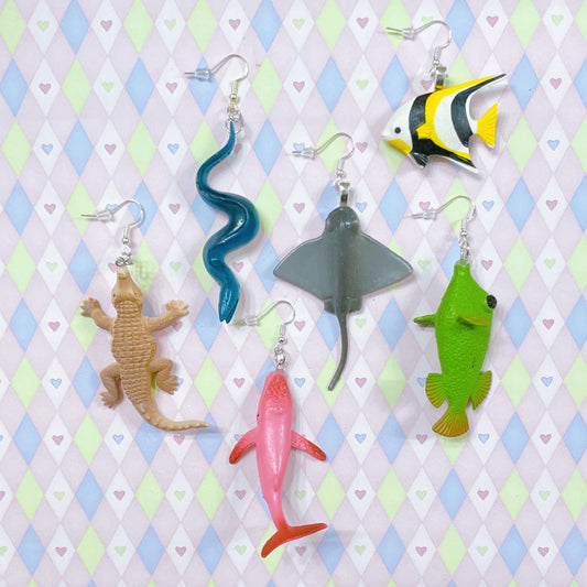 marine sealife underwater fish crocodile whale stingray moray angelfish kidcore upcycled plastic toy dangle earrings!