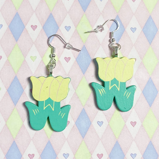 yellow green tulips flowers kawaii miniature painted wood pastel cottagecore dangle earrings!