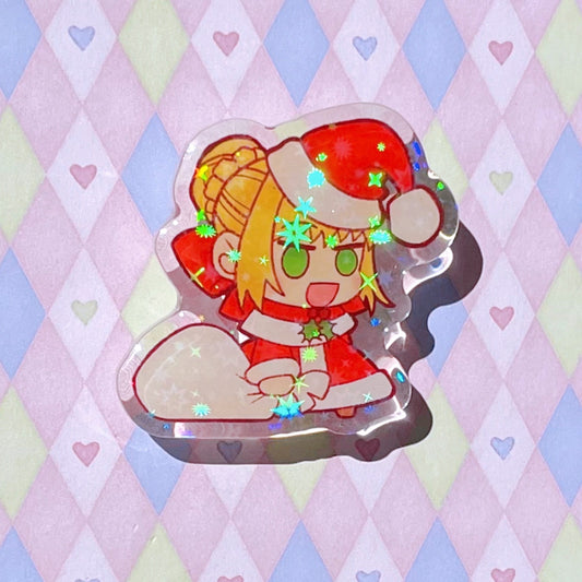 type moon fate padoru holiday saber anime meme holographic glitter acrylic pin! (2")